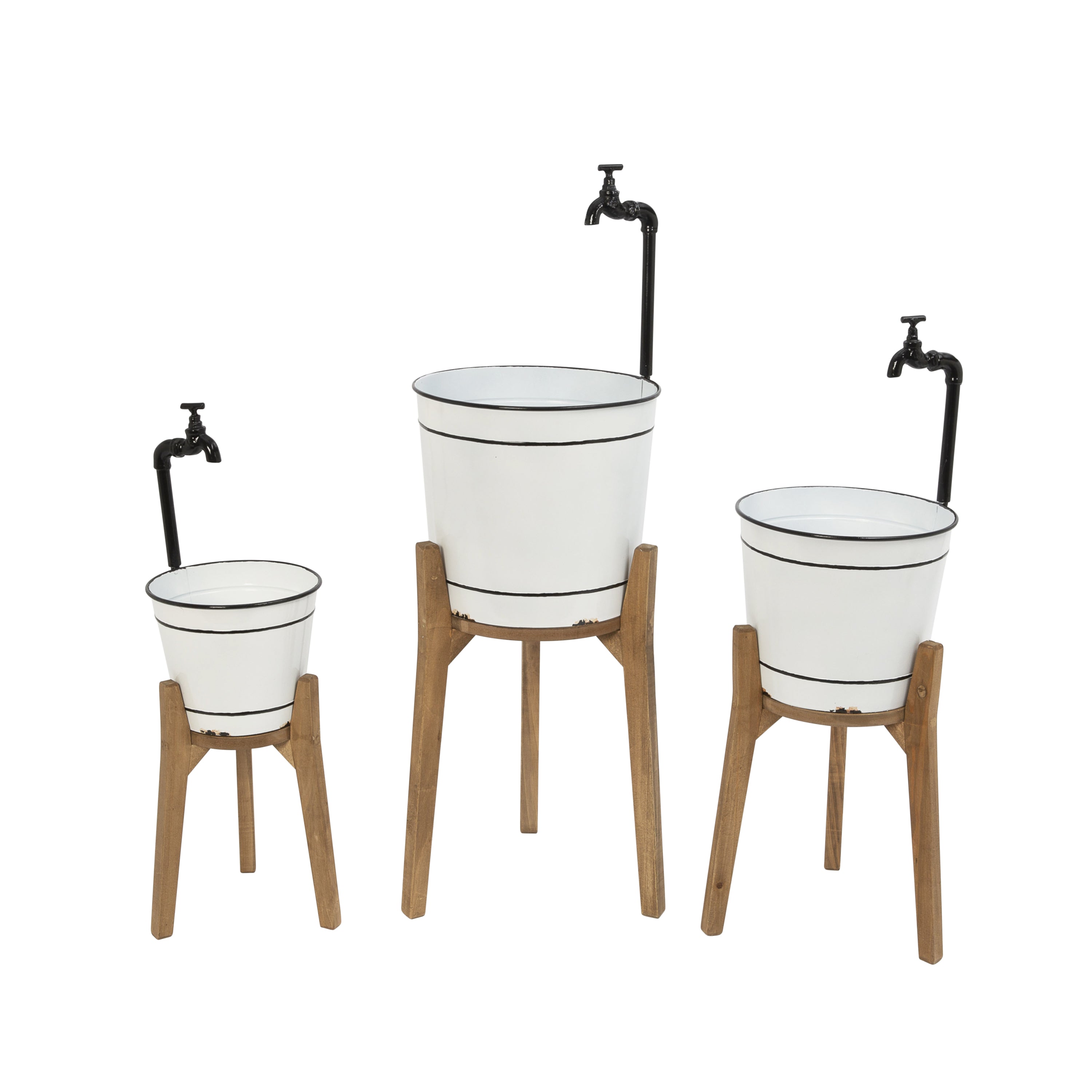 Set of 3 Rustic Metal Faucet Planters with Wooden Stand 2570060EC